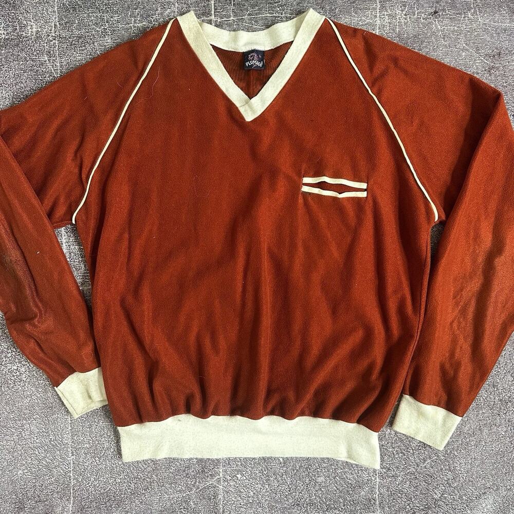 Men's Vintage 70's Plumage Burnt Orange White V Neck Pullover Sweatshirt Sz L